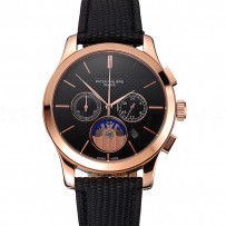 Patek Philippe Chronograph Black Dial Rose Gold Case Black Leather Strap
