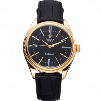 Rolex Cellini Black Dial Gold Case Black Leather Strap  622832