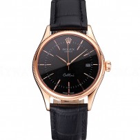 Swiss Rolex Cellini Date Black Dial Rose Gold Markings Rose Gold Case Black Leather Strap