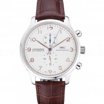 IWC Portugieser Chronograph White Dial Rose Gold Hands And Numerals Stainless Steel Case Brown Leather Strap