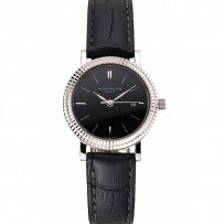 Patek Philippe Calatrava Black Dial Double Ribbed Bezel Stainless Steel Case Black Leather Strap