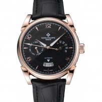 Patek Philippe Complications Chronograph Black Dial Gold Case Black Leather Bracelet  1454235