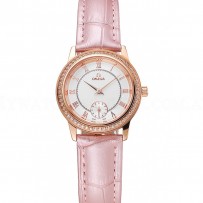 Omega De Ville Prestige Small Seconds White Dial Diamond Bezel Rose Gold Case Pink Leather Strap