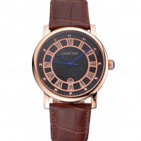 Cartier Rotonde Date Black Dial Rose Gold Case Brown Leather Strap
