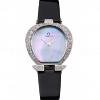 Omega Ladies Watch Pearl Dial Stainless Steel Case With Diamonds Black Leather Strap  622828