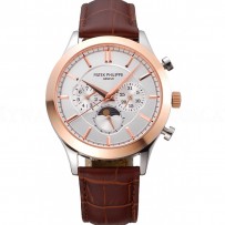 Patek Philippe Moonphase Chronograph White Dial Gold Case Brown Leather Strap  622843