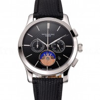 Patek Philippe Chronograph Black Dial Stainless Steel Case Black Leather Strap