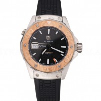 Swiss Tag Heuer Aquaracer Calibre 5 Black Dial Gold Bezel Stainless Steel Case Black Rubber Strap