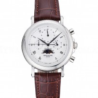 Patek Philippe Grand Complications White Dial Engraved Silver Case Brown Leather Bracelet 1454143