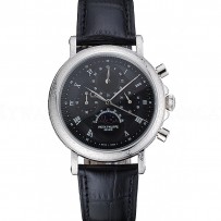 Patek Philippe Grand Complications Black Dial Engraved Silver Case Black Leather Bracelet 1454145