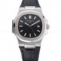Patek Philippe Nautilus Black Dial Brushed Stainless Steel Case Black Leather Strap