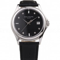 Patek Philippe Geneve Calatrava Crystal Studded Hour Marker Black Dial Black Leather Strap 98170