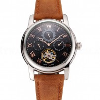 Patek Philippe Grand Complications Day Date Tourbillon Black Dial Rose Gold Numerals Stainless Steel Case Brown Suede Leather Strap 1453815