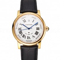 Swiss Cartier Rotonde Annual Calendar White Dial Gold Case Black Leather Strap