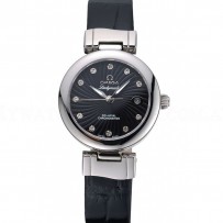 Omega Ladymatic Black Dial Black Leather Bracelet  622458