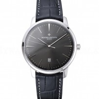 Swiss Vacheron Constantin Patrimony Grey Dial Silver Case Black Leather Bracelet 1454160