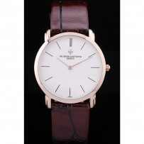 Vacheron Constantin Patrimony White Dial Rose Gold Case Rich Maroon Leather Bracelet