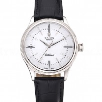 Swiss Rolex Cellini Time Silver Case White Dial Black Leather Bracelet   622653
