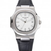 Patek Philippe Nautilus White Dial Brushed Stainless Steel Case Black Leather Strap