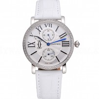Cartier Ronde Second Time Zone White Dial Stainless Steel Case With Diamonds White Leather Strap  622803