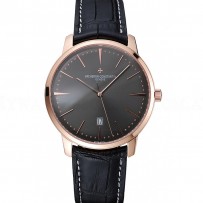 Swiss Vacheron Constantin Patrimony Grey Dial Rose Gold Case Black Leather Bracelet 1454167